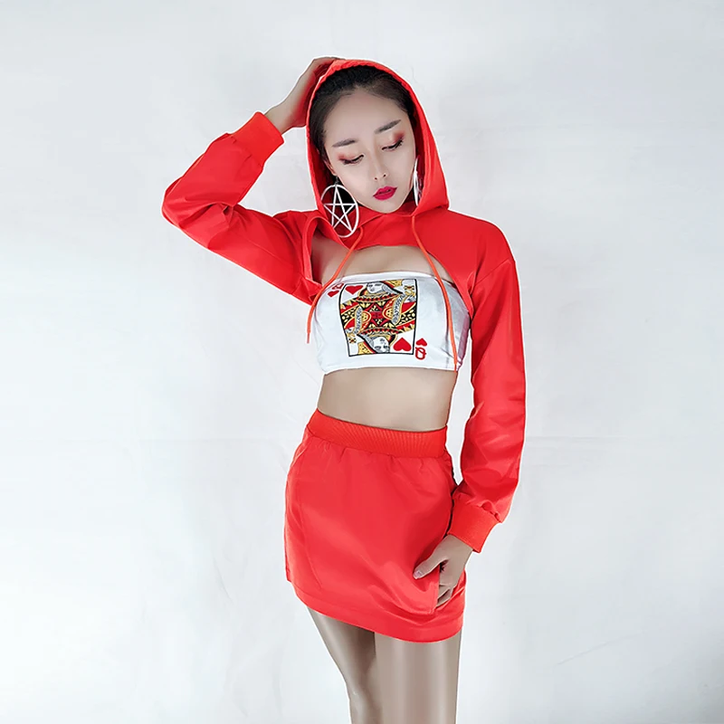 الجاز مثير المرحلة زي النساء الأحمر قمم التنانير التشجيع أزياء رقص ملهى ليلي المغني الهيب هوب Dj الأداء ارتداء DNV11105