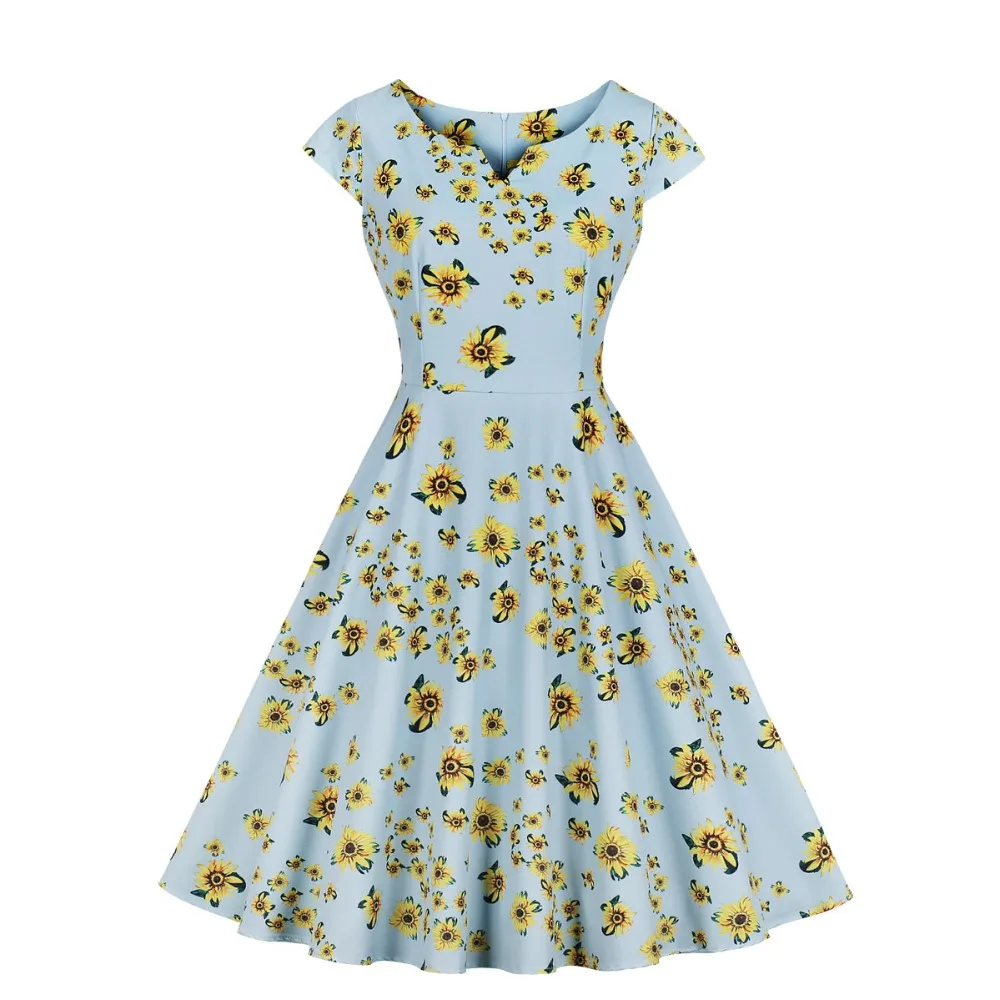 

Elegant Women Daisy Floral Print Dress V Neck Cap Sleeve Retro Swing 1950s 50s Vintage Dress Skater Fits and Flare Party Dress