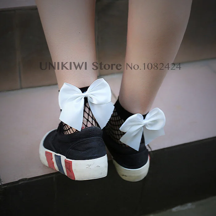 knee socks Chic Streetwear Women's Harajuku Black Breathable Bow knot Fishnet Socks.Sexy Hollow out Mesh Nets Socks Ladies Girl's Bow Sox walking socks womens