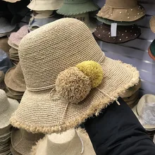 01812-axi летняя натуральная Соломенная женская шапка из рафии ручной работы с помпоном женская шапка для отдыха и отдыха