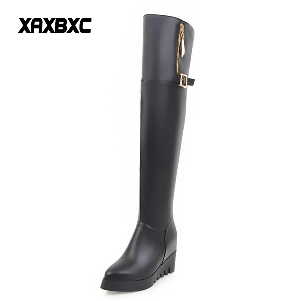 

XAXBXC 2018 New Autumn Winter Leather Platform Height Increasing High Heels Long Boots Warm Women Botas Mujer Shoes Plus Size