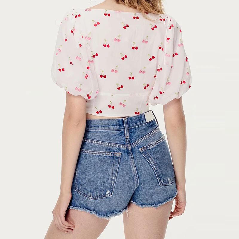 أنيقة خمر الكرز العميق v الرقبة الأبيض البلوزات و قمم نفخة كم واحد الصدر الصيف قميص مصمم جديد الجدد 2019