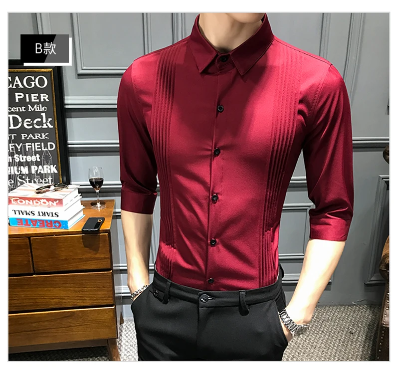 Мужская рубашка однотонное платье рубашка узкие рукава до локтя Fit бизнес Camisa Masculina повседневные мужские хлопковые рубашки мужская блузка