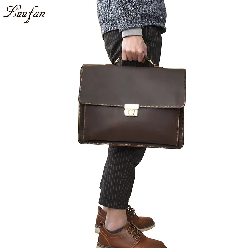 

Men's Genuine Leather briefcase with dial lock 15 inch Vintage Business bag Cowhide Laptop Handbag Mens Work tote fast post