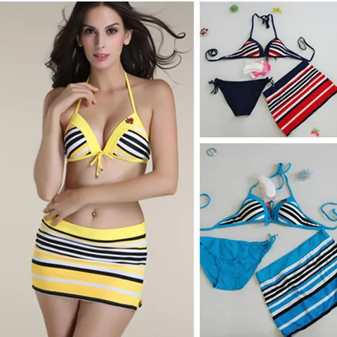 

2016 new Striped sexy Triangle Halter bottom Bandage bikini set three-piece bathing suit skirt women swimwear plus size swimsuit