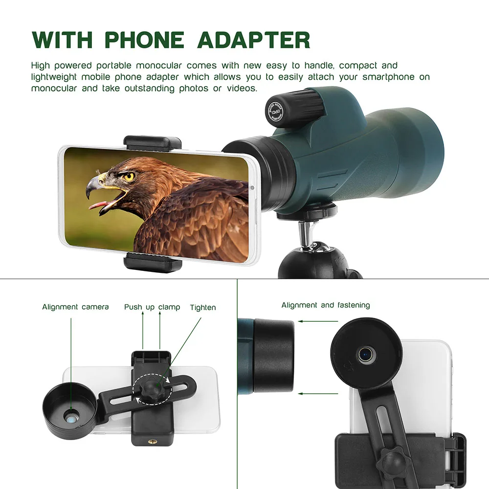  12X50 High Power Monocular with Tripod Smartphone Holder Waterproof Telescope Bak4 for Bird Watchin