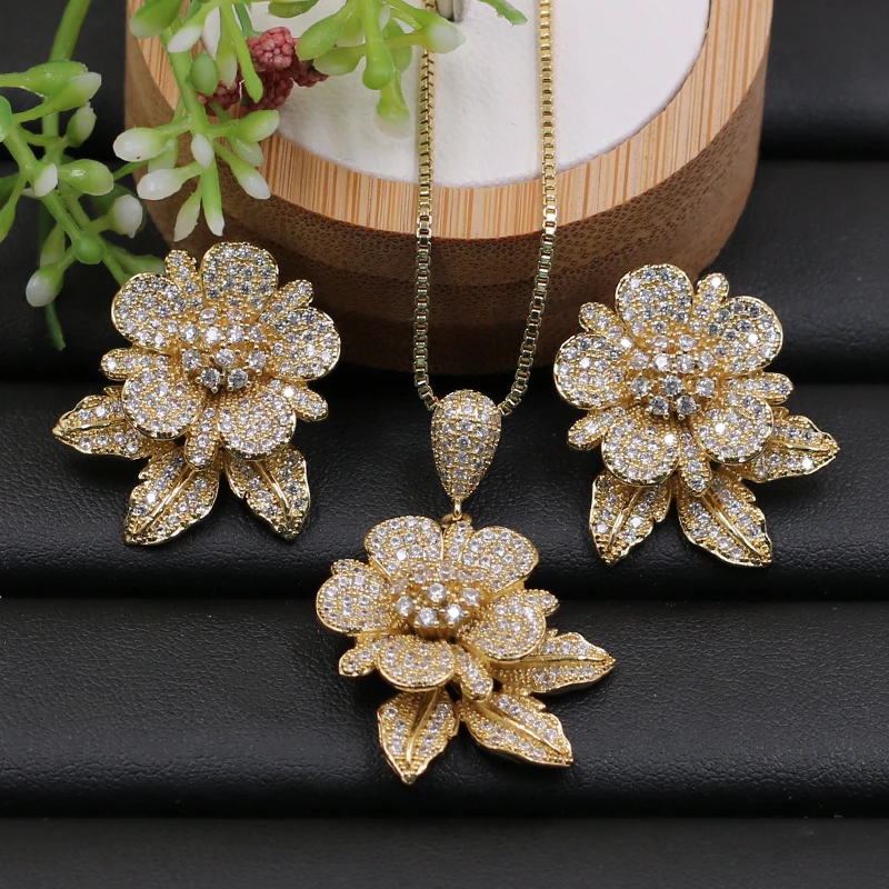 Lanyika ювелирный набор свадебный элегантный цветок кубический циркон полный микро проложили ожерелье с серьгами для юбилея роскошный лучший подарок