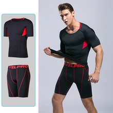 Быстросохнущий Мужской комплект для занятий спортом и фитнесом облегающая компрессионная одежда для бега с коротким рукавом пот