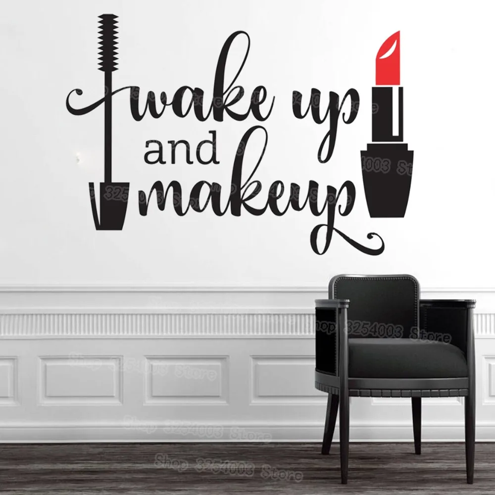 Wake Up and Makeup виниловые наклейки на стену для девочек, ванная комната, зеркало, Косметическая Наклейка, водостойкая помада, тушь для ресниц, наклейки для салона красоты S478