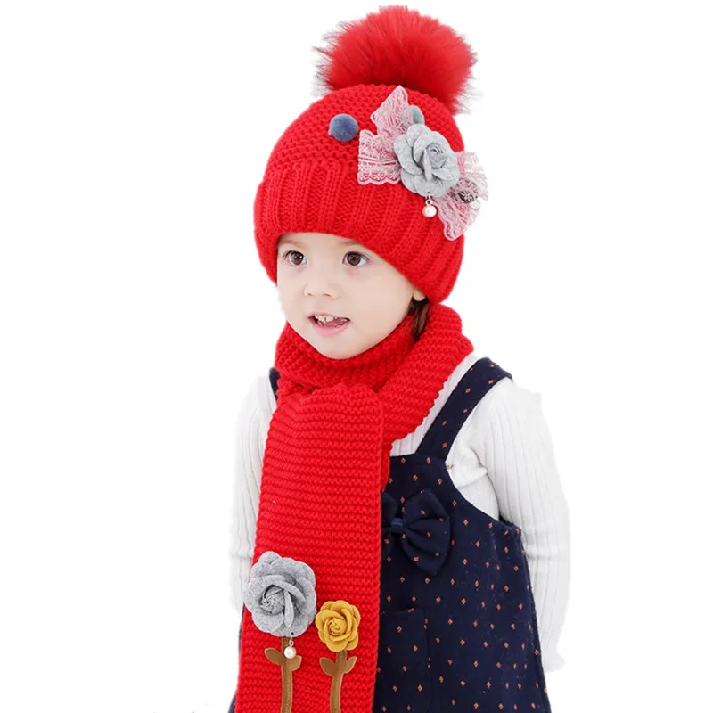 Новая зимняя плотная шапка для девочек, шарф, набор, красивый большой цветок розы, помпон, шапка, наборы, детские теплые вязаные меховые шарики, наборы шарф шапка