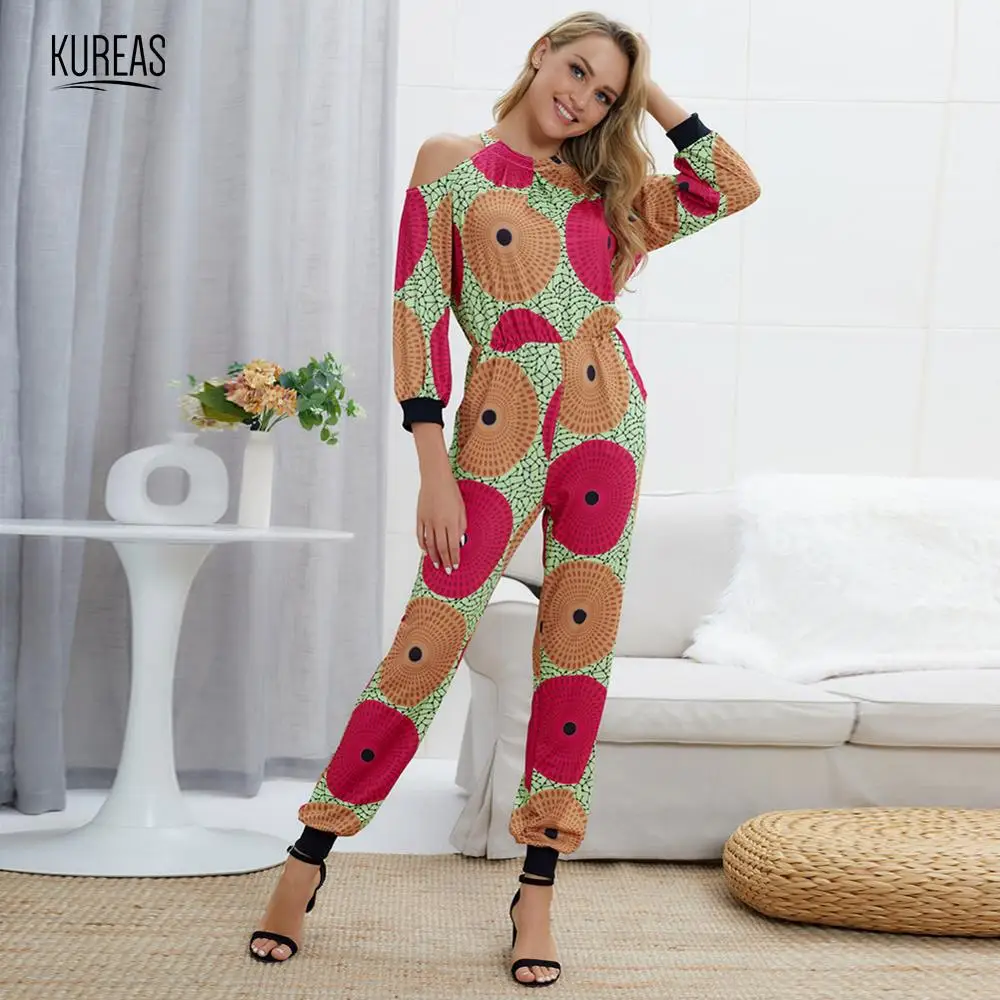 

Kureas African Clothes Women Jumpsuit Off Shoudler Halter Romper High Waist National Print Sexy Backless Jump Suit Casual