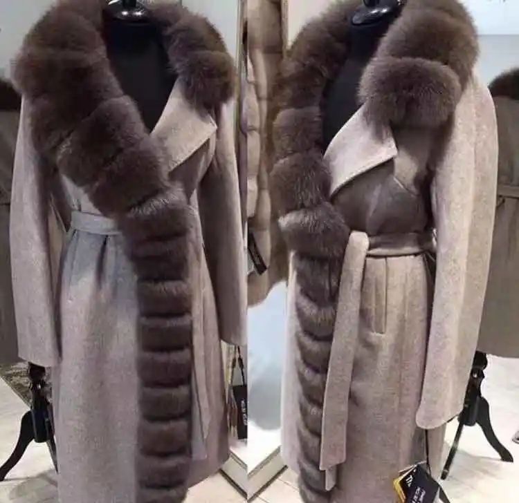 

105CM Plus Size Real Fox Fur Collar Cashmere Coat Wool Blends Winter Sable Color Real Fur Trench Women Clothes Real Fur Outwear