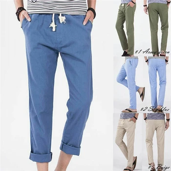 

New Fashion Men's Casual Loose Pockets Drawstring Waist Solid Linen Trousers Beach Pants Summer 5 Colors
