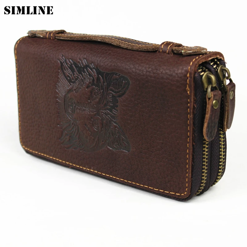 SIMLINE Vintage Genuine Cow Leather Men Clutch Wallet Men&#39;s Long Double Zipper Wallets Purse ...