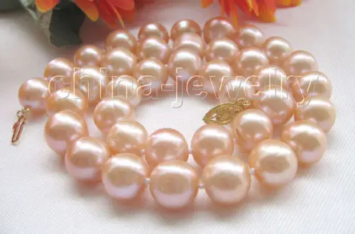 

Gorgeous luster 17.5"12mm pink round freshwater pearl necklace - 14k gold clasp ^^^@^Noble style Natural Fine jewe FREE SHIPPING