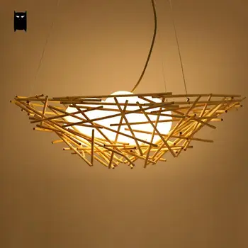 

56cm Wicker Rattan Bird Nest Lampshade 3 frosted Glass Egg Pendant Light Fixture Japanese Art Decorative Lamp E27 Bulb Fitting