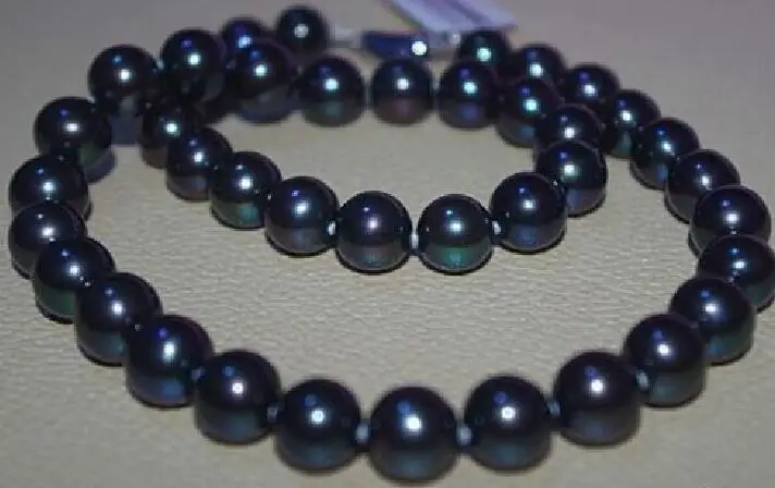 

18"AAA9.3-10.2mm freshwater natural genuine black blue round pearl necklace 925silver