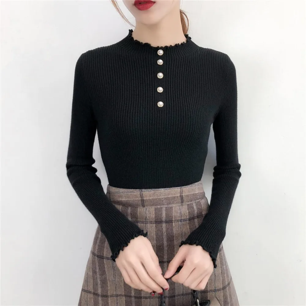 JEASS Winter Woman Sweater Knitting Pullovers Women Turtleneck Sweaters and Pullovers with Button High Elastic Solid Sweater