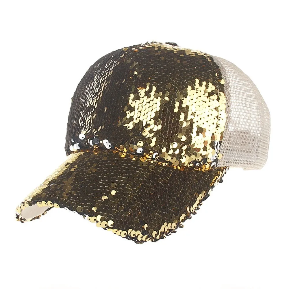 Блестящая бейсбольная кепка «конский хвост», грязная, высокая шапка с отверстием для хвоста, женские, грязные булочки, для девушек, с блестками, эластичная шляпа, летние сетчатые шапки - Цвет: Sequin  Golden