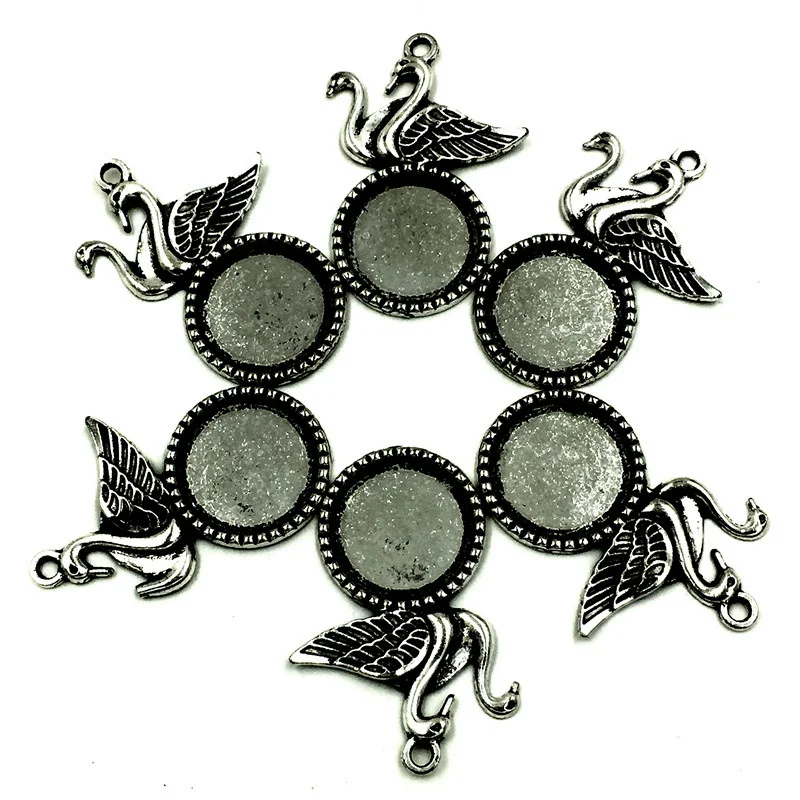 

10Pcs Silver Tone Bird Swans Charms Pendants Jewelry Making 41x29mm Round Cabochon Setting Fit Cameo 18mm