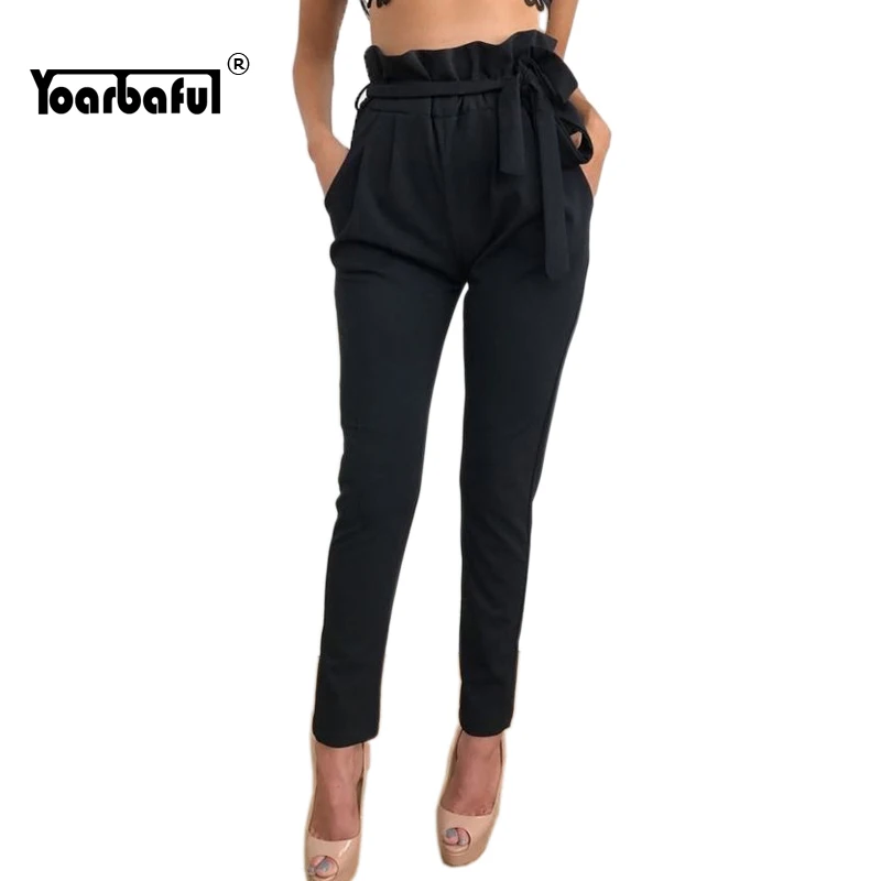 

2019 New Fashion Spring Summer Women Casual Ruffle High Belt Waist Slim & Skinny Leggings Stretchy Pure Color Pencil Trousers