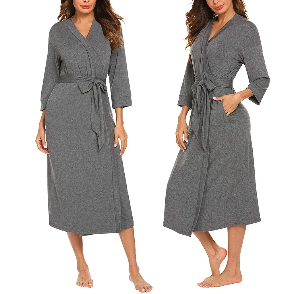 

Autumn New Fashion Women's 4/3 Sleeve V-neck Lightweight With Belt Long Robe Bathrobe Sleepwear Wholesale Free Ship халат Z4
