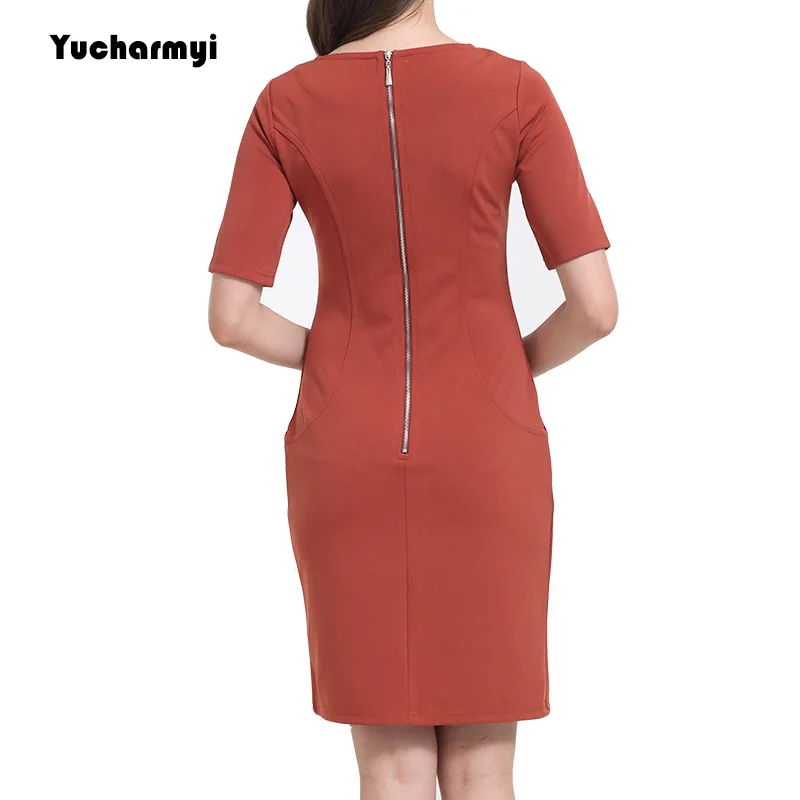 Knee Length Casual Zipper Dress Round Neck Short Sleeve Pencil with Pockets for Women | Женская одежда