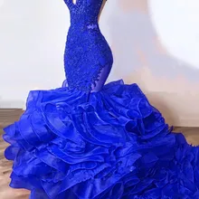 Роскошный темно-синий Русалка Выпускные платья Роскошные кружево бисером оборками Часовня оборками Поезд Африканский трубы Вечерние