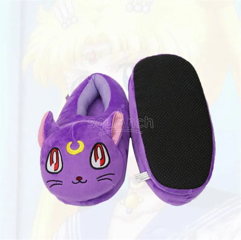 Kawaii Moon Luna/тапочки с котом из мультфильма; фиолетовая обувь в стиле моряка; плюшевые тапочки с забавными животными для женщин и девочек; зимняя домашняя одежда