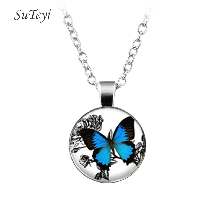 SUTEYI романтическая белая и синяя бабочка художественное Изображение Стекло ожерелье крючки Серьги Браслет Ювелирные наборы для свадьбы подарок