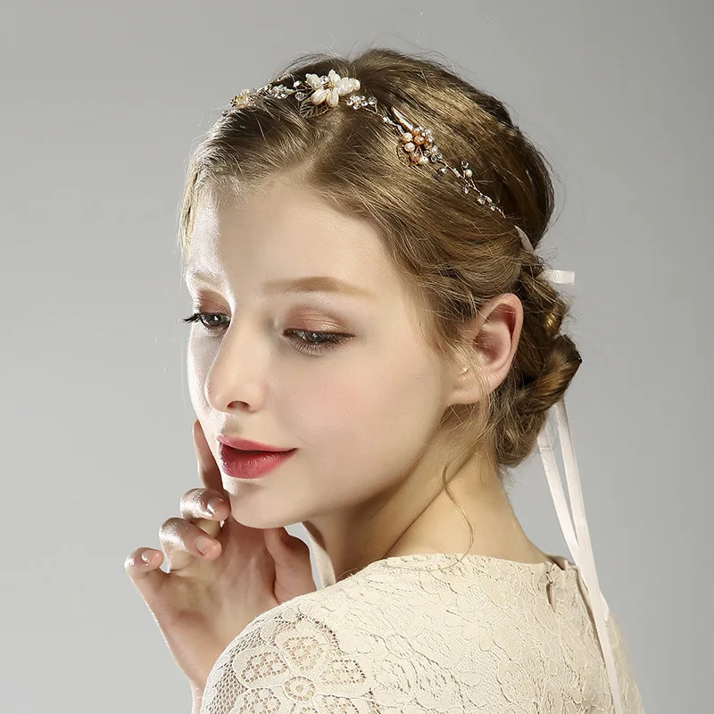Ободок для волос с золотым листом ободок цветным пресноводного жемчуга|pearl wedding
