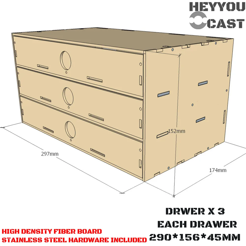 

3 Drawers - 290 x 156 x 45mm MDF Drawer Box- Laser Cut Wood - MDF Corner Model Paints Rack Set