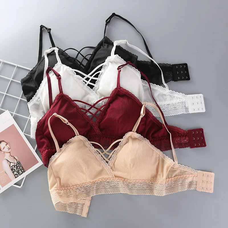 

New Ice Silk Suspender Lace Thread Beauty Back Wrapped Chest Sexy Underwear Female Anti-lighting Back Buckle With Chest Pad