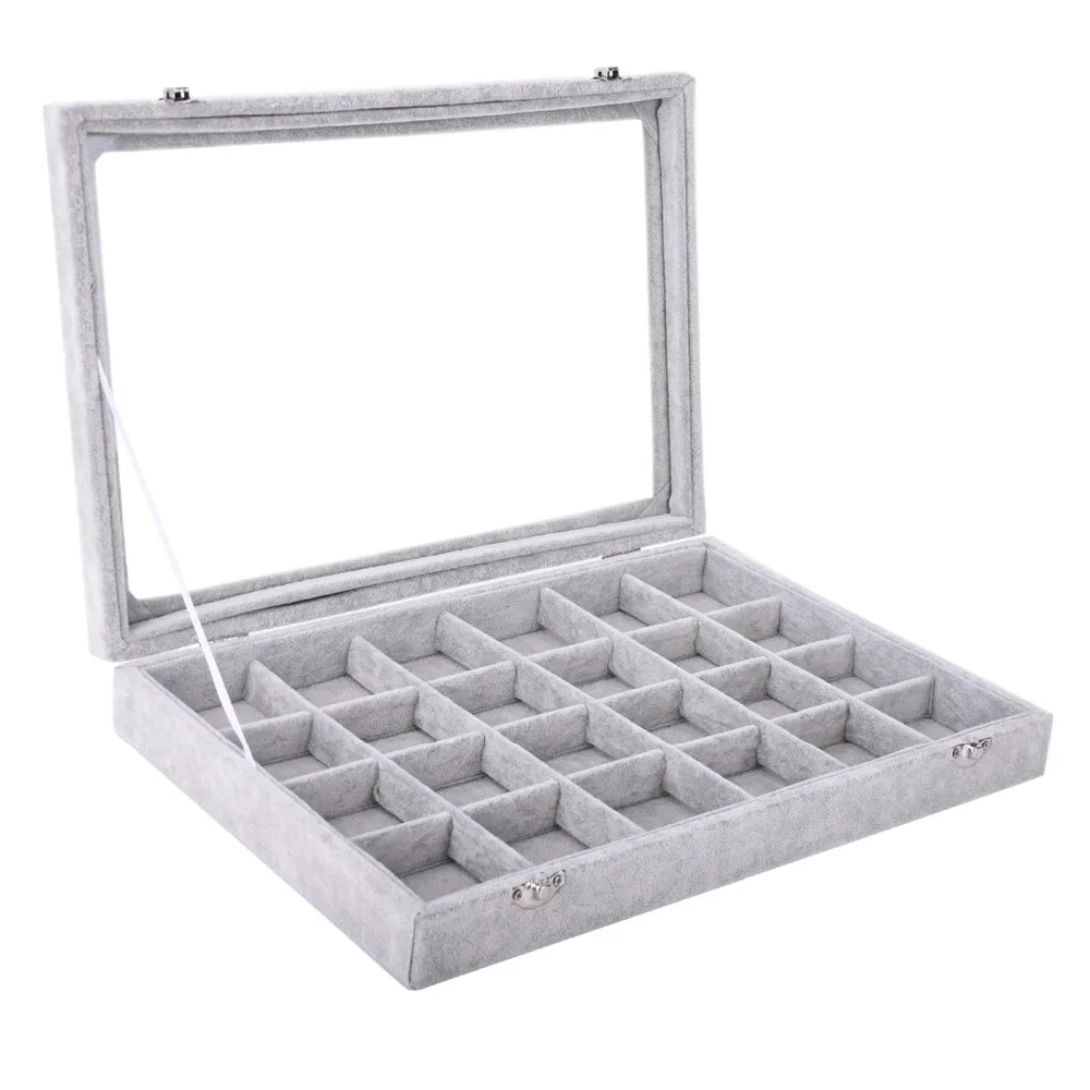 SZanbana Large Grey 24Grid Velvet Jewelry Tray Showcase Metal Lock Display Storage Glass Window Organger Removable Case | Украшения и