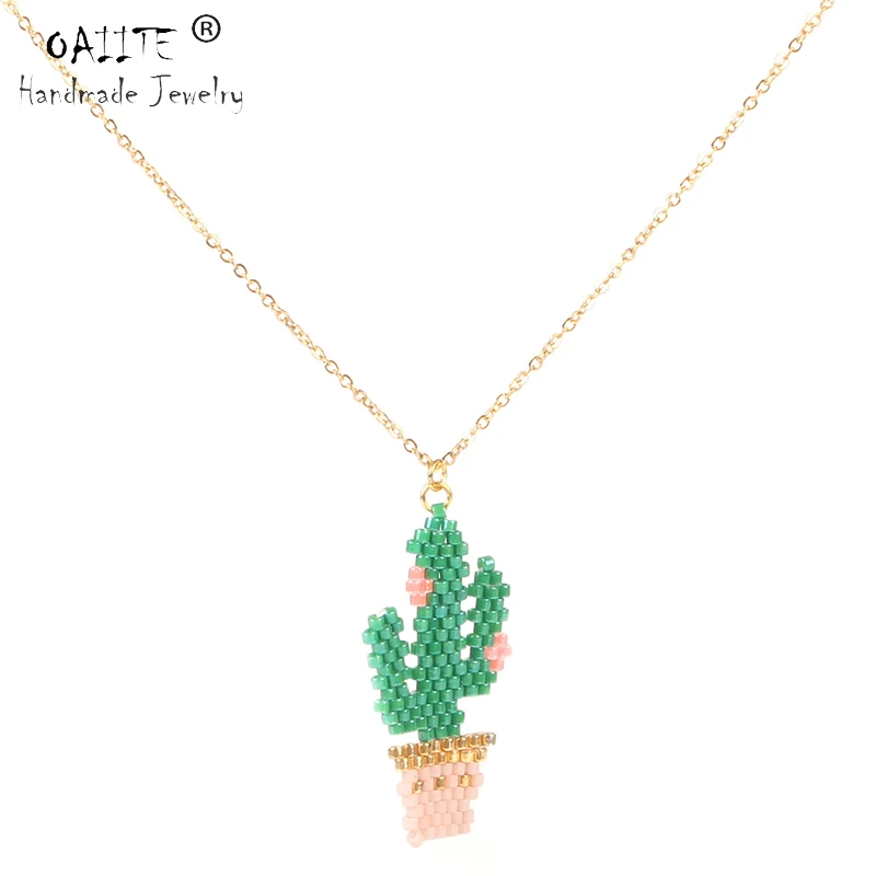 

OAIITE Mexico Cactus MIYUKI Necklace Women Handmade Delica Seed Beads Flower Necklace Metal Gold Chain Jewelry Gift Dropshipping