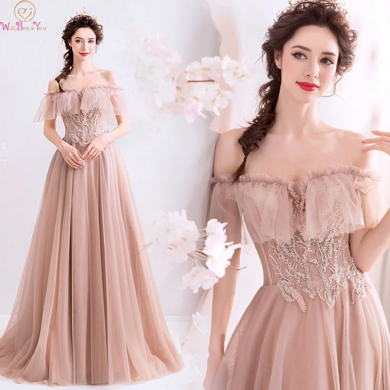 

Elegant Off The Shoulder Prom Dresses 2019 Latested Long Formal Boat Neck A-line Appliques Formal Evening Gowns Walk Beside You