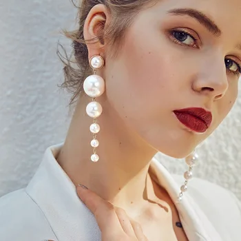 

Elegant Created Big Simulated Pearl Long Earrings Pearls String Statement Drop Earrings For Wedding Engagement Party Gift ED261