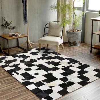

luxury cowhide seamed fur rug ,big size natural black and white cowhide skin fur chequer carpet for living room decoration