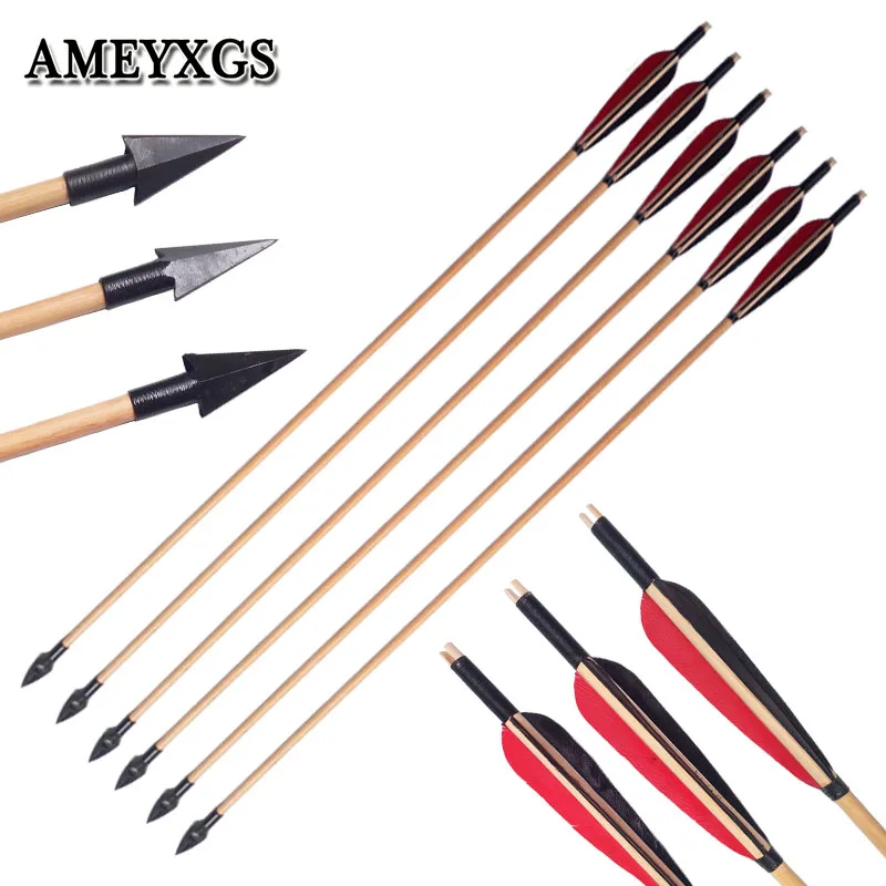 

6/12pcs Archery Traditional Broadheads Wooden Arrows Outdoor Bow And Arrow Hunting Shooting Practice Handmade Wood Arrow