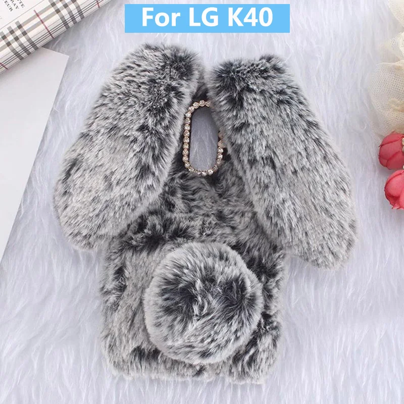 

Plush Bunny Case for LG K40 Soft Fur Cute 3D Rabbit Ears TPU Bling Diamond Fluffy Phone Case Cover For LG K40