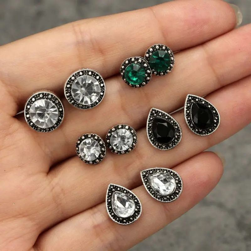 5Pairs/Set Brincos Femme Bohemian Stud Earring Set Boho Green Black