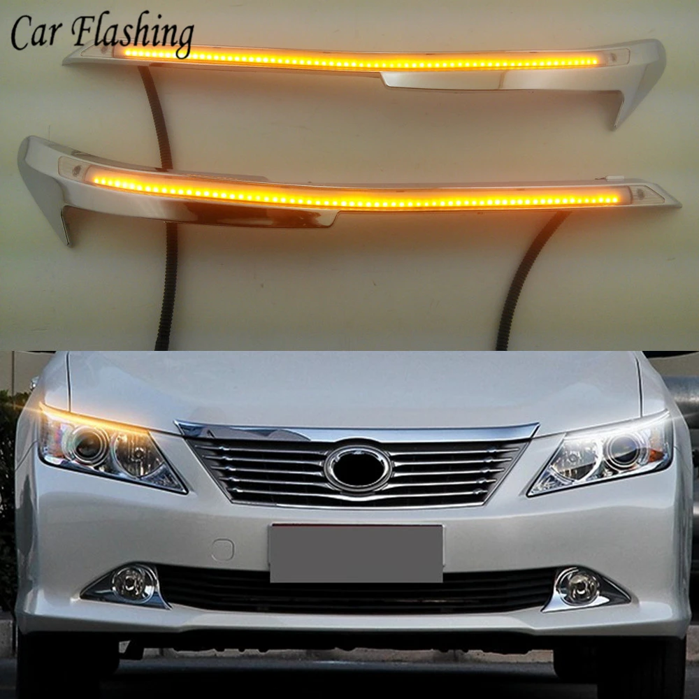 

2PCS Car Headlight LED Eyebrow Daytime Running Light DRL With Yellow Turn Signal Light For Toyota Camry 2012 2013 2014
