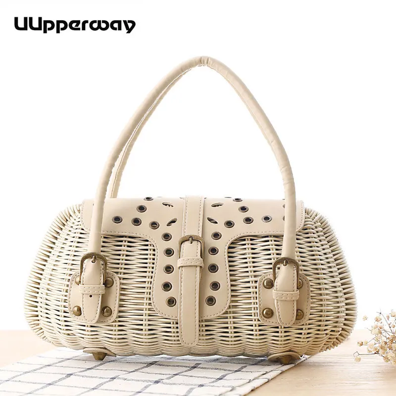 

Bohemian Lady Tote Straw Handbag Summer Beach Bag Rattan Japanese Wind Weave Basket Bag Rivet Belt Girls Holiday Party Beach Bag