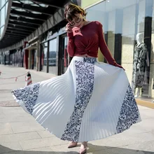 Винтажные женские длинные юбки с эластичной резинкой на талии в Корейском стиле черно-белая плиссированная юбка макси Saias Fadalas