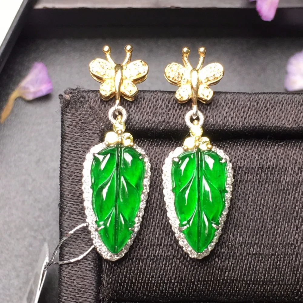 

427 Fine Jewelry Pure Real 18 K White Gold AU750 100% Natural Green Jade Amulet Gemstone Myanmer Origin Drop Earrings for Women