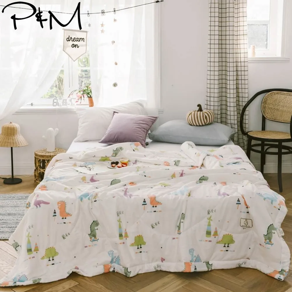 

2019 Green Orange Dinosaurs Cartoon INS Towel Gauze Quilting Blanket Summer Thin Quilt Pure Cotton Twin Queen Size Bedspread