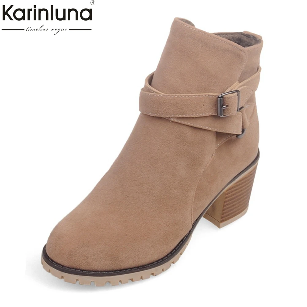 

Karinluna 2018 Big Size 34-43 Paltform Belt Buckle Women Shoes Fashion Woman Square Heels Winter Warm Boots Women Ankle Boots