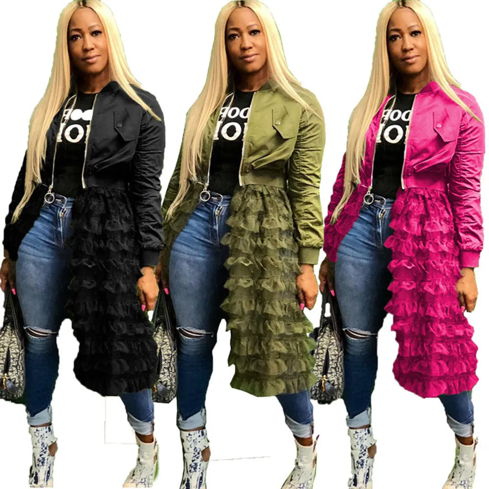 

Spring Coats and Jackets Women Lolita Streetwear Solid Color Mesh Pleated Swing Lace Thin Long Jacket Punk Girl Plus Size