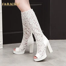 SARAIRIS/дышащая Летняя обувь на платформе с открытым носком, на высоком массивном каблуке, со шнуровкой женские сапоги до колена