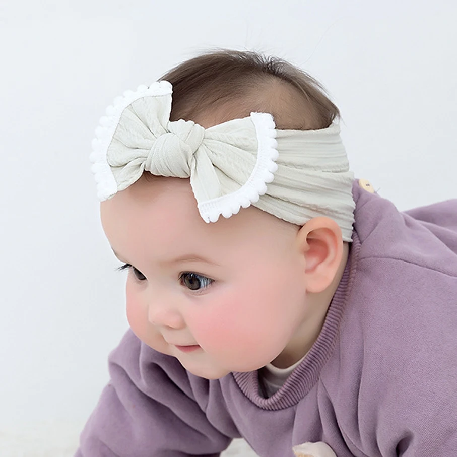 Cable Knit Frilly Trim Bow Baby Headband Top Knot Turban Toddler Infant Newborn 